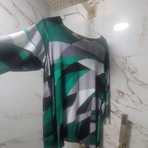 Alfani geometric stretch green black grey blouse Large
